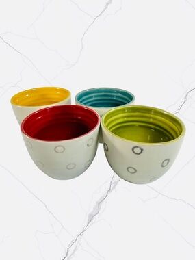 Pier 1 Ceramic Dot Bowls Set with Red, Yellow, Green and Teal Interiors
